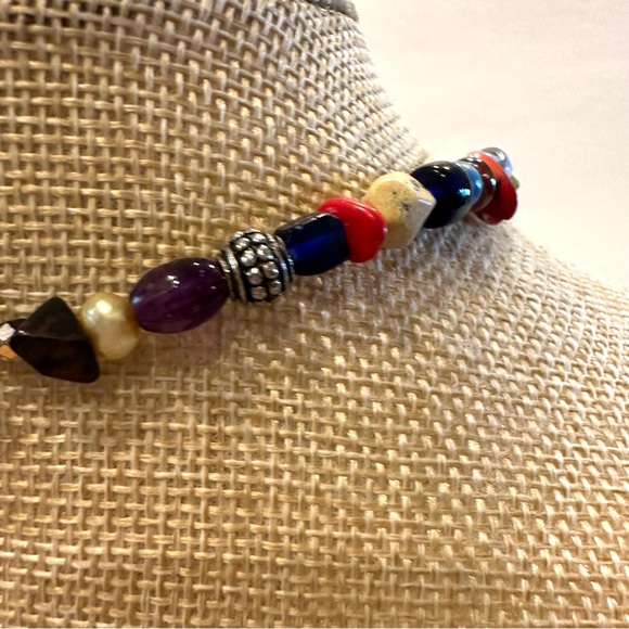 Multi-color Genuine Gemstone & Glass Bead Necklace w/ sterling silver cross .925 - Picture 8 of 10